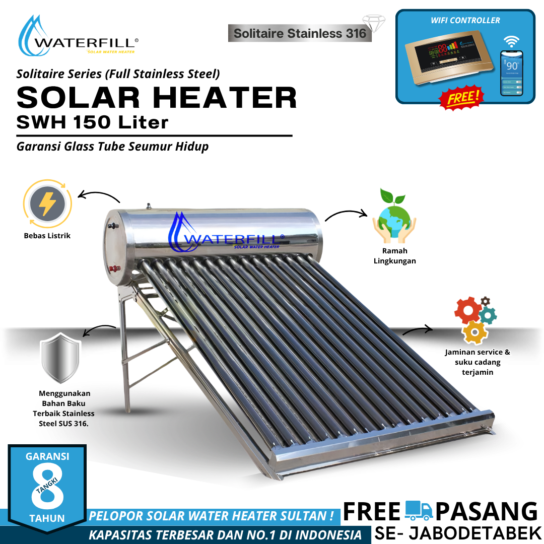 Waterfill Solarheater 150 Solitaire (Full Stainless)