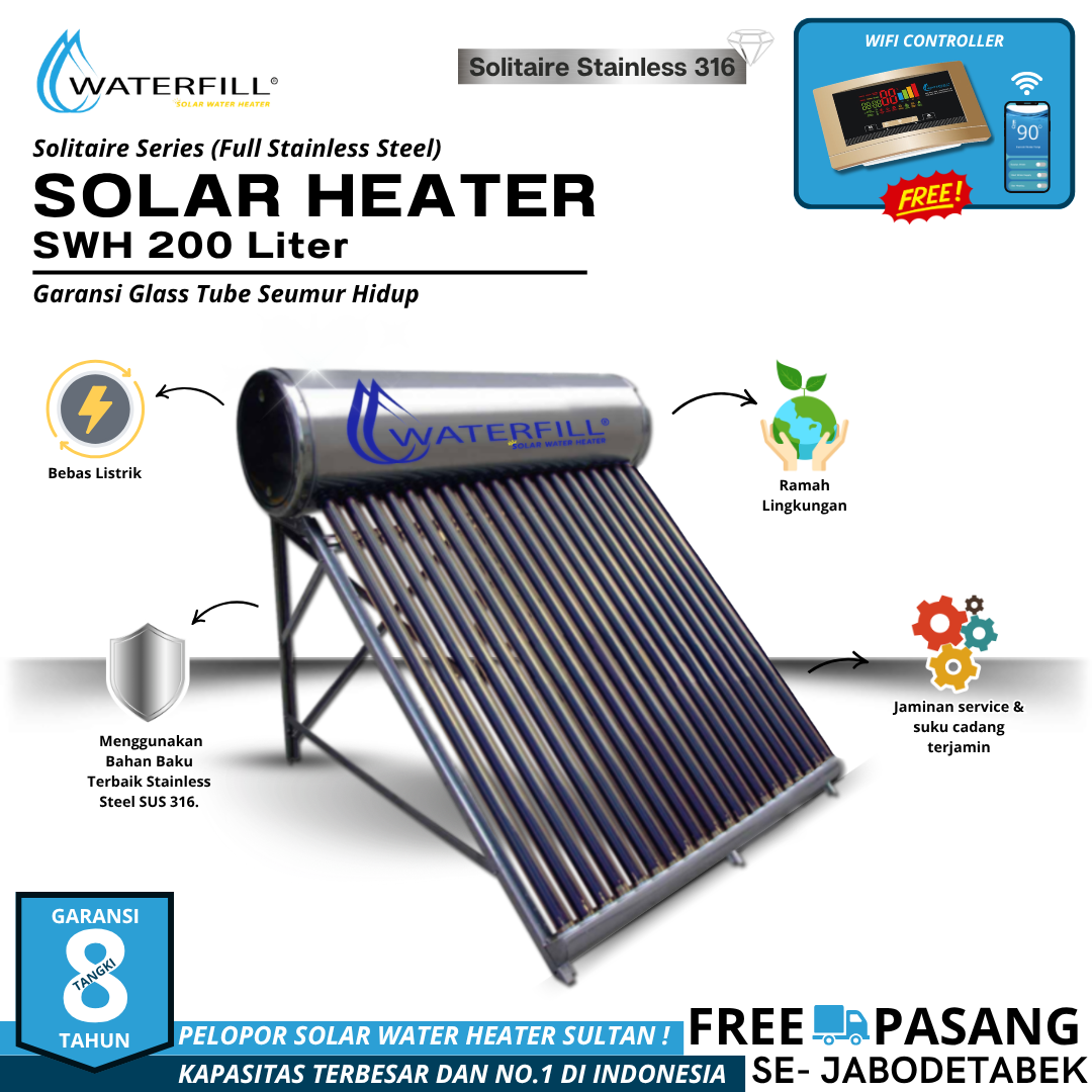 Waterfill Solarheater 200 Solitaire (Full Stainless)